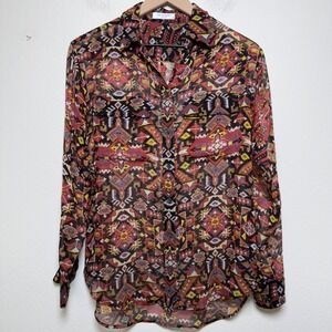 Equipment Femme Women 100% SILK Button Down Top XS Multi Geometric Tribal Print
